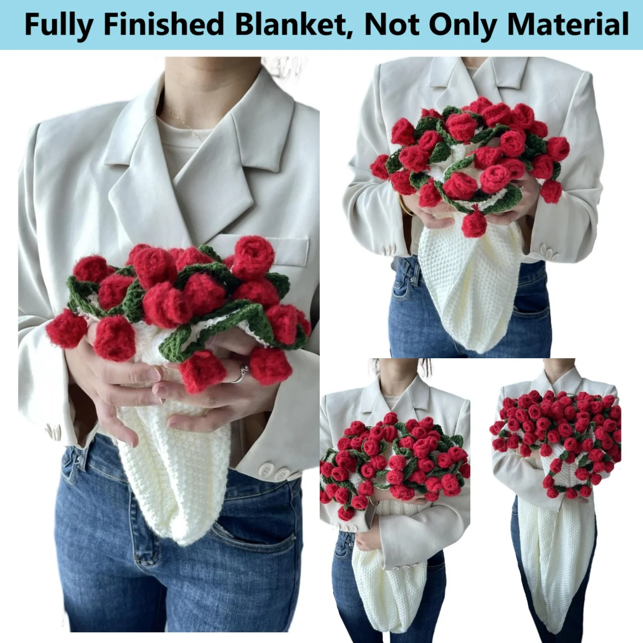 

Finished Rose Blanket Bouquet Rose Flowers Handmade Crochet Fuzzy Sweater Bed Couch Mum Wife Birthday Gift Shawl Wrap Blanket