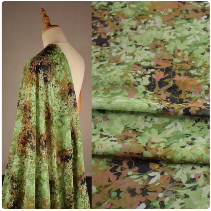 

Spring Summer New Design Green Leaves Print Chiffon Fabric, Dress, Shirt, Upper Clothes Scarf Sewing Tissue, T2360