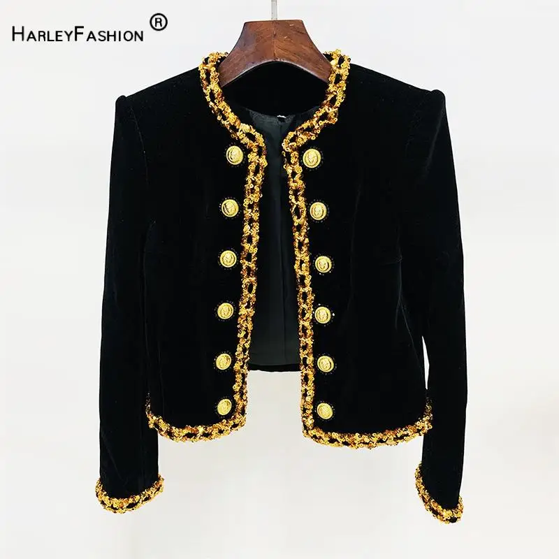 

2024 New Arrival Lady Fine Workmanship Sequins Coat O-neckline Long Sleeve Women Double-breasted Slim Short Jacket