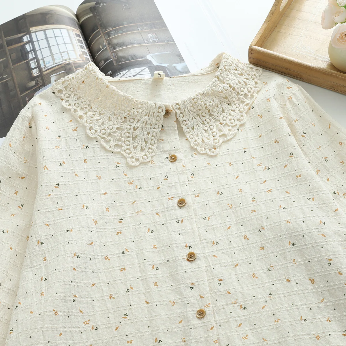 New 2025 Autumn Cotton Long Sleeve Shirt, Women Peter Pan Collar Lace Print, Mori Girl French Temperament Loose Blouse T5O460CC
