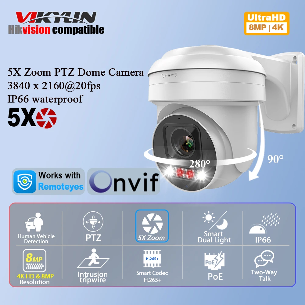 Vikylin Hikvision Compatible PTZ 8MP 5X Zoom IP Camera Hybrid light Human Car Detection 2way Audio Outdoor CCTV Security Camera