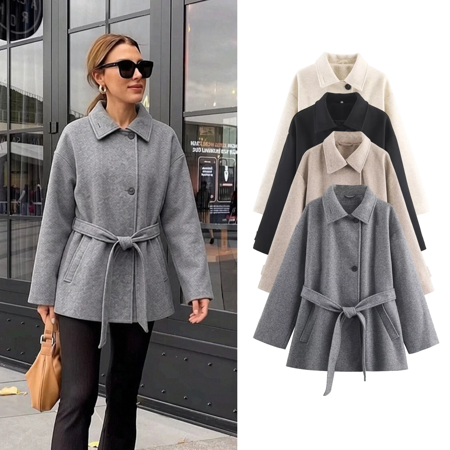 Women Elegant Woolen Jackets Autumn Winter Female Single Breasted Long Sleeved Overcoat With Belt Lady Loose Commute Chci Outwea