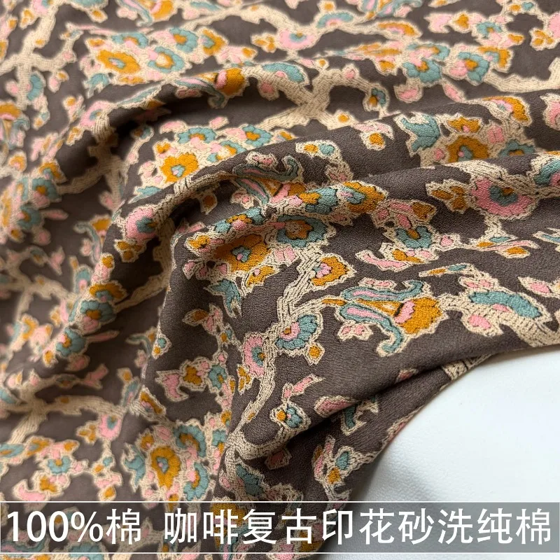 

2Meters 100% Cotton Brown Printed Vintage Drape Shirt Dress Pure Cotton Fabric