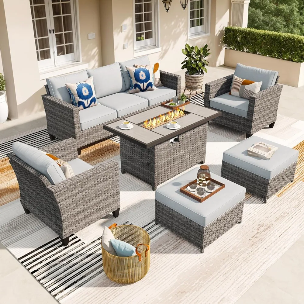 6 Pieces Patio Furniture Set with 42 inches Fire Pit Table, Outdoor Wicker Rattan Sofa Sets with Comfy Cushions, High Back Couch