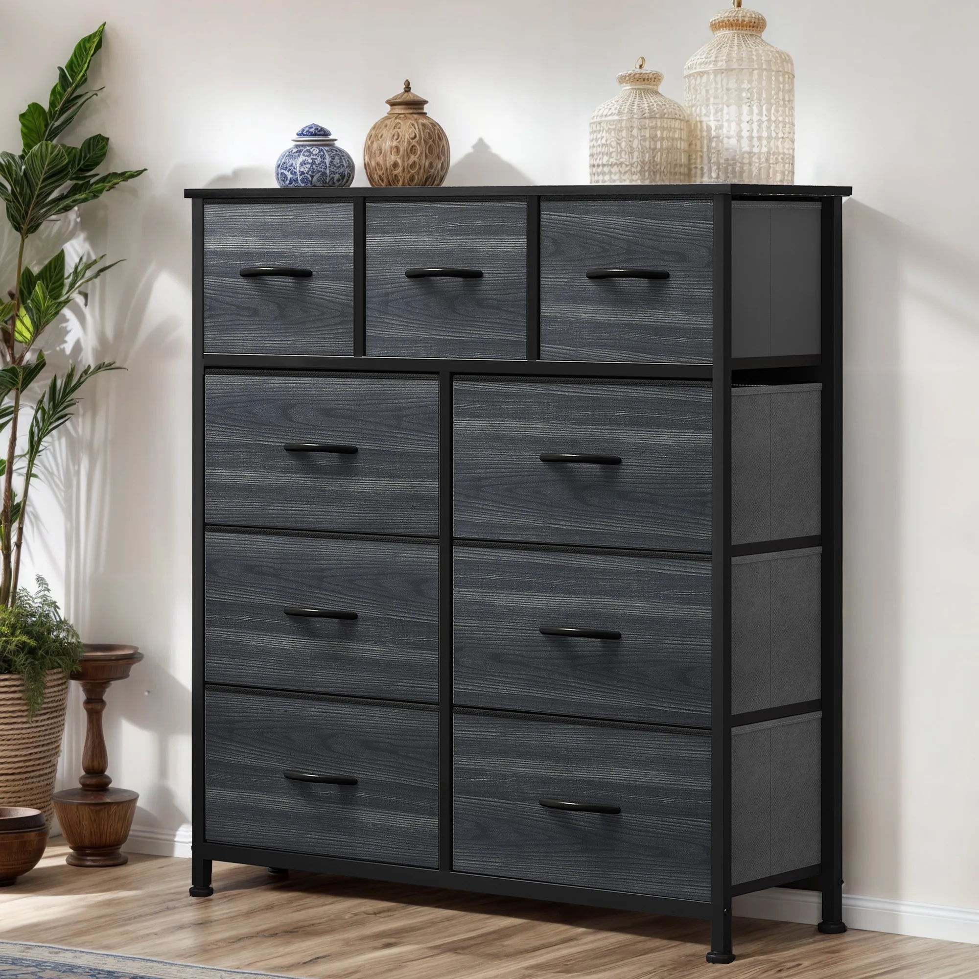 9 Drawers Dresser - Black Farmhouse Bedroom Furniture Storage Chest Organizer