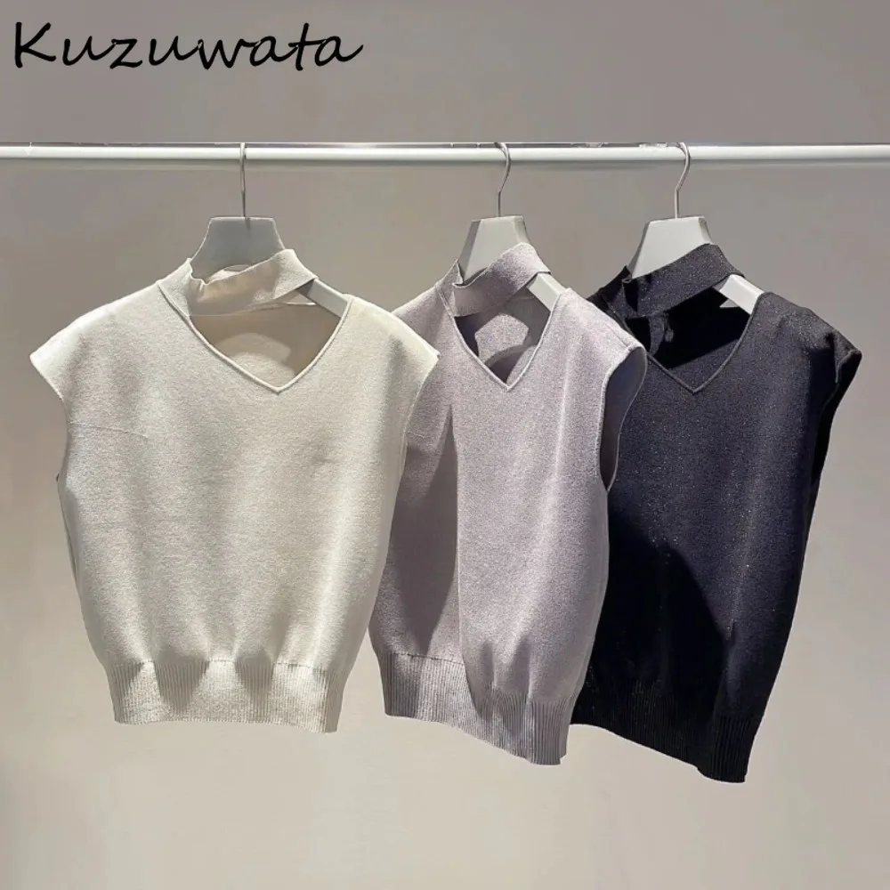 

Kuzuwata New Simple Halter Hollow Out Jumper Solid Sleeveless Knit Pullovers Japan All-match Office Lady Casual Fresh Sweaters