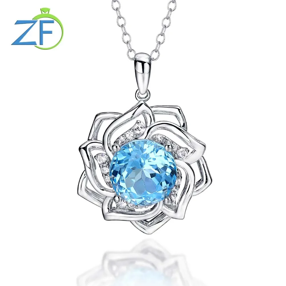 

GZ ZONGFA 100% 925 Sterling Silver New in Pendant Necklace for Women Natural Blue Topaz 5Carats Gems Trendy Fine Jewelry