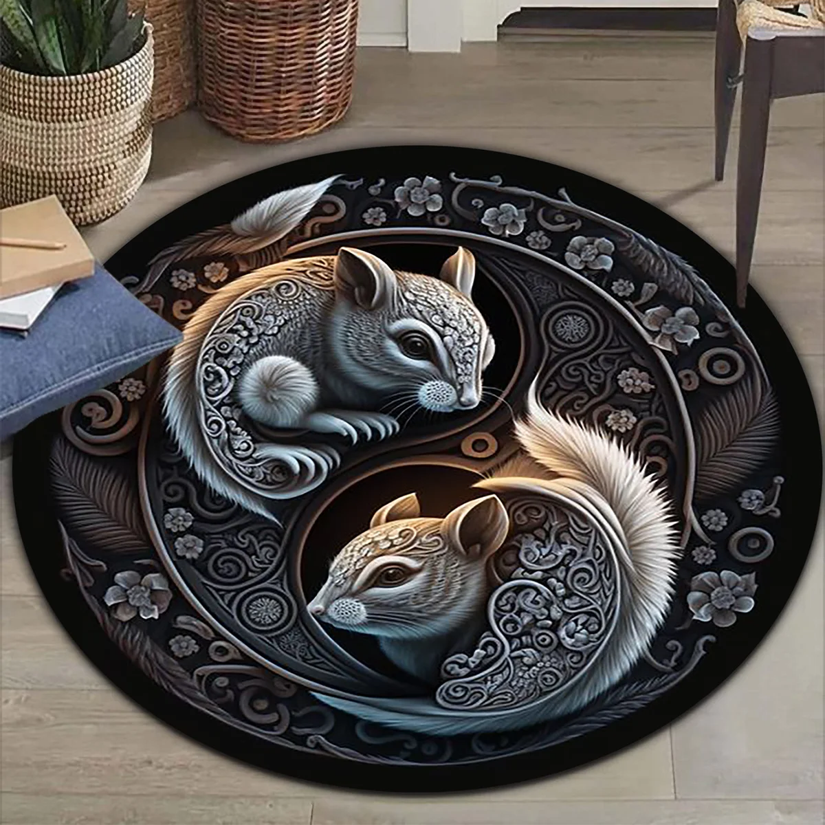 Yin Yang Squirrel Round Area Rug Non Slip Floor Mat Living Room Bedroom Decor Office Chair Pad Home Carpet