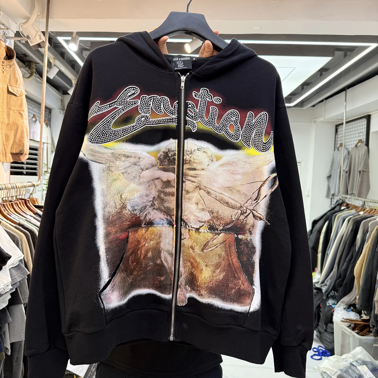 

Худи на молнии с принтом «Крылья ангела» и стразами, повседневное, свободного кроя, унисекс, в стиле хип-хоп, с длинными рукавами