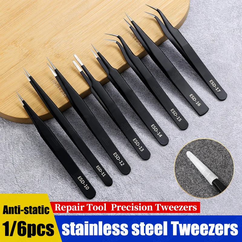 1/6pcs Precision Tweezers Set Stainless Steel Tweezers Watch Repair Tool Flat Pointed Round Head Anti-static Tweezer Accessories
