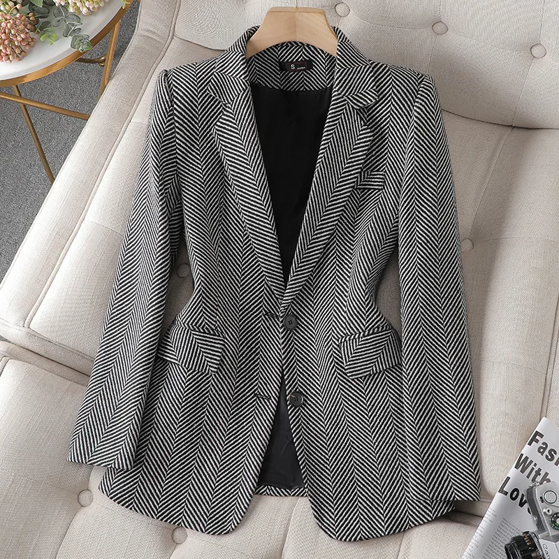 Autumn Women Coffee Gray Stripe Formal Blazer Office Ladies Female Slim 2024 Single Breasted Straight Business Jacket Coat