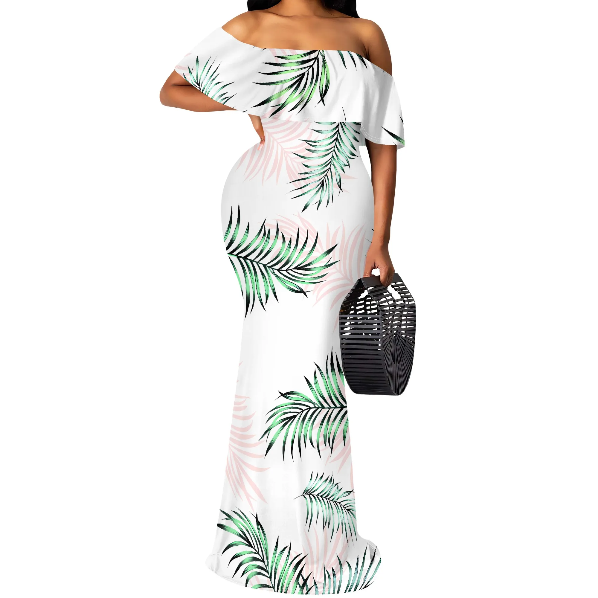 Vestido largo con hombros descubiertos y estampado abstracto en blanco y negro, vestidos largos informales de talla grande para playa de verano para mujer