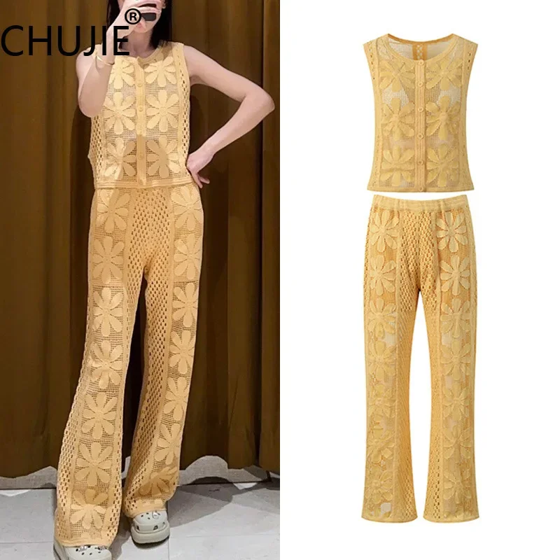 

CHUJIE Women's Summer Set 2025 New Yellow Hollow Flower Fashion Age Reducing Round Neck Sleeveless Knitted Top And Pants Set