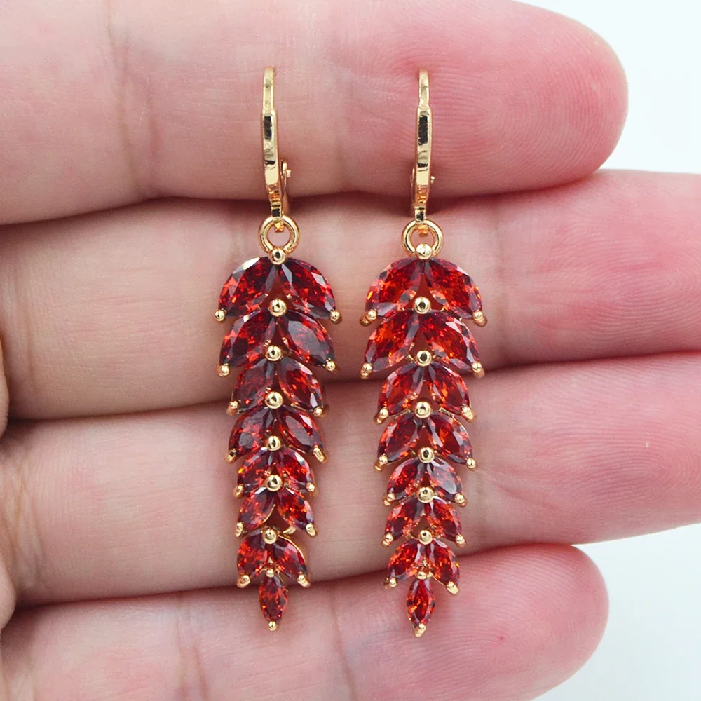 AAA+ Cubic Zirconia Gold Color Fashion Women Luxury Red CZ Leaf Wedding Earrings Jewelry