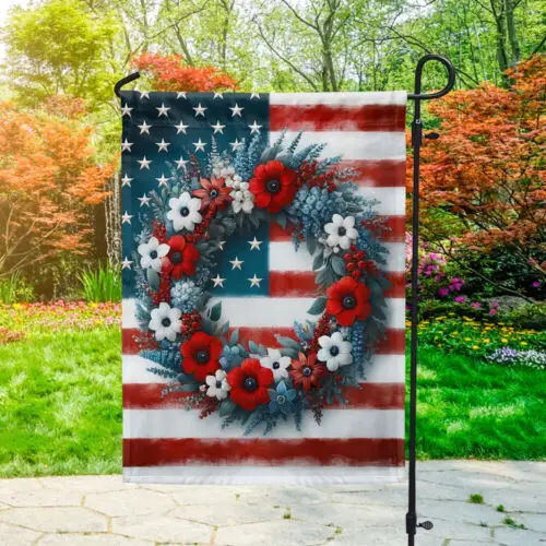 Floral Wreath 4th Of July American Flag Garden Flag