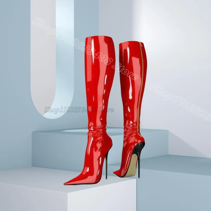 

Red Pointed Toe Sexy Boots Patent Leather British Style Spring Women Party Stiletto New Fashion Boots 2025 Zapatos Para Mujere