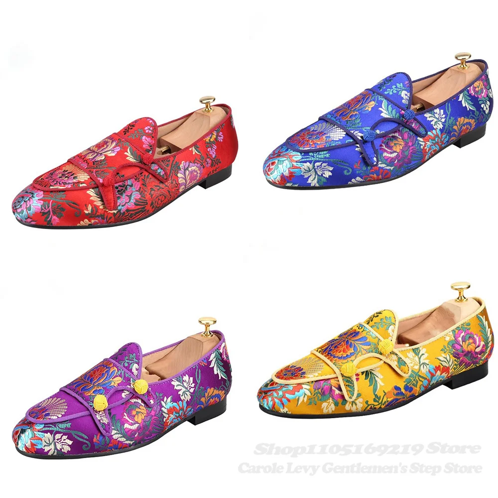 Floral Print Embroider Leather Business Party Casual Loafer 2025 New Chinese Style Silk Handmade Buckle Formal Shoes for Men