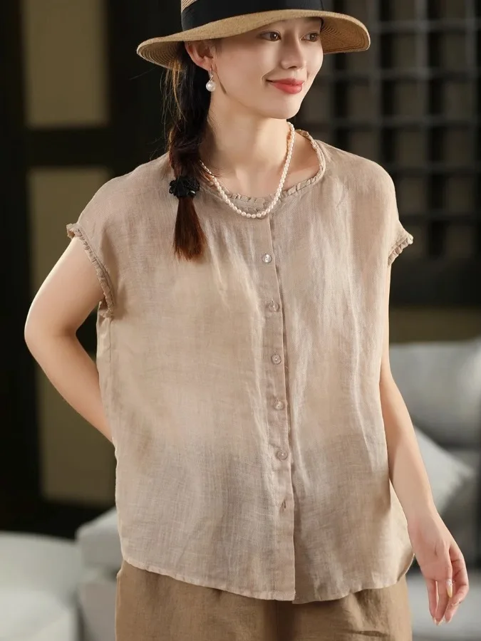 

Summer Cotton Linen irt Thin ort Sve Wooden Ear Faionable Single Button Women's Premium Loose Fit irt