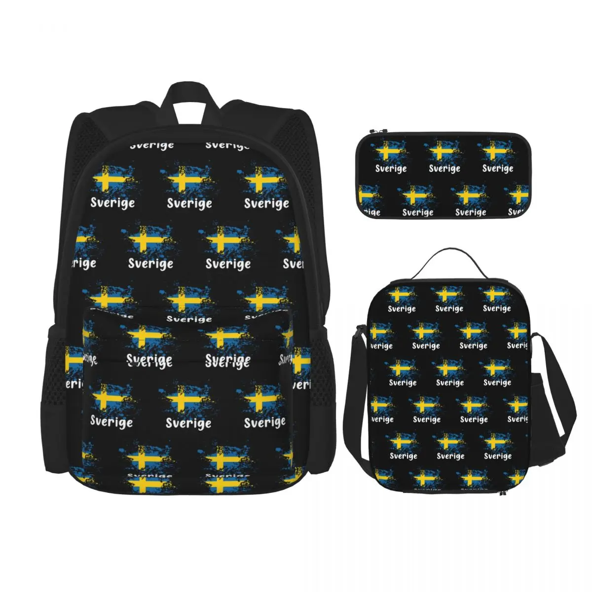 

Swedish Flag Sweden Black Sverige Backpacks Boys Girls Bookbag School Bags Rucksack Lunch Bag Pen Bag Three-Piece Set