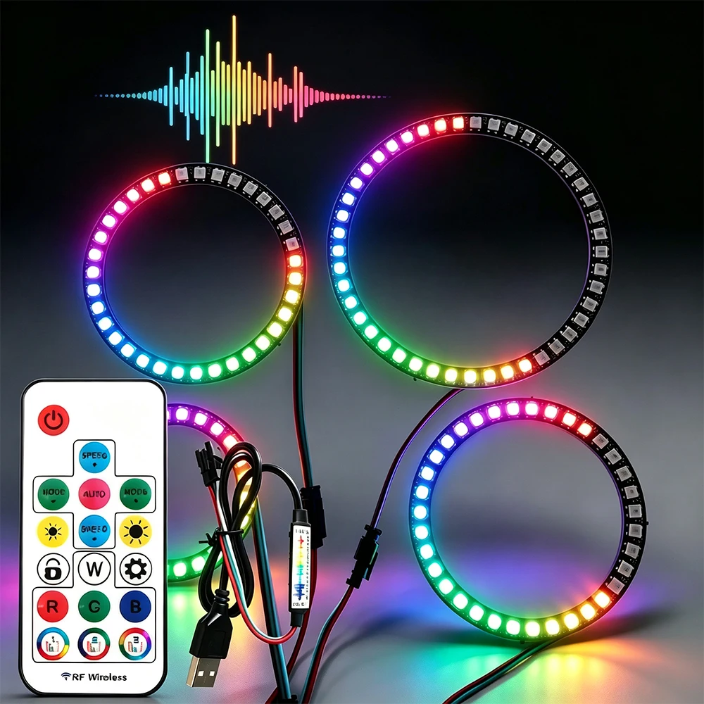 Music Rhythm LED Ring Light 5V WS2812 RGB Individually Addressable Light 24 35 45 LEDs with 17 Keys Music Controller