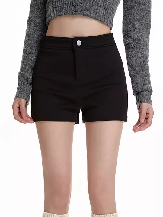 

Черные утепленные флисовые шорты с высокой талией для женщин, осенне-зимняя новинка, облегающие, универсальные, эластичные, сексуальные, укороченные брюки