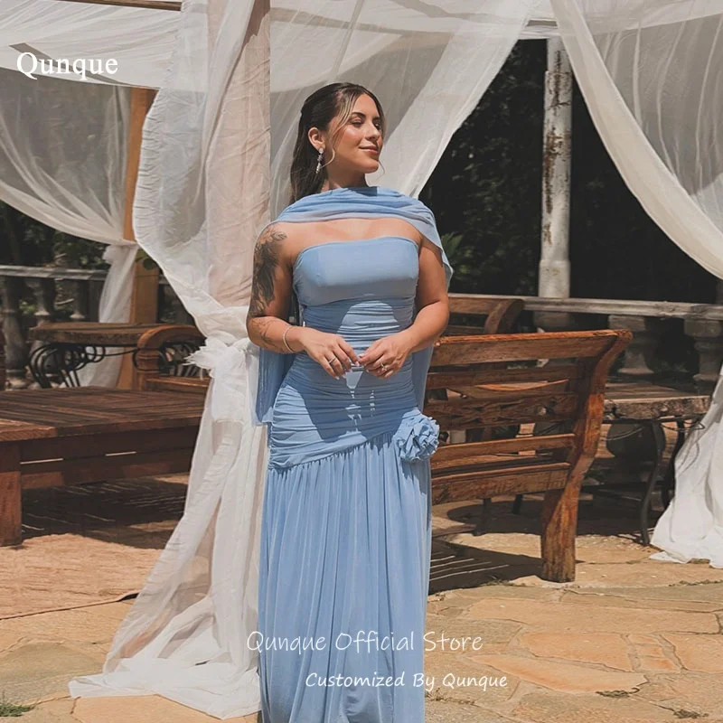 Qunque Blue A Line Evening Dresses 3D Flower Maxi Ribbons Vestidos De Gala De Noche Flowy Chiffon Robes De Soirée Customized