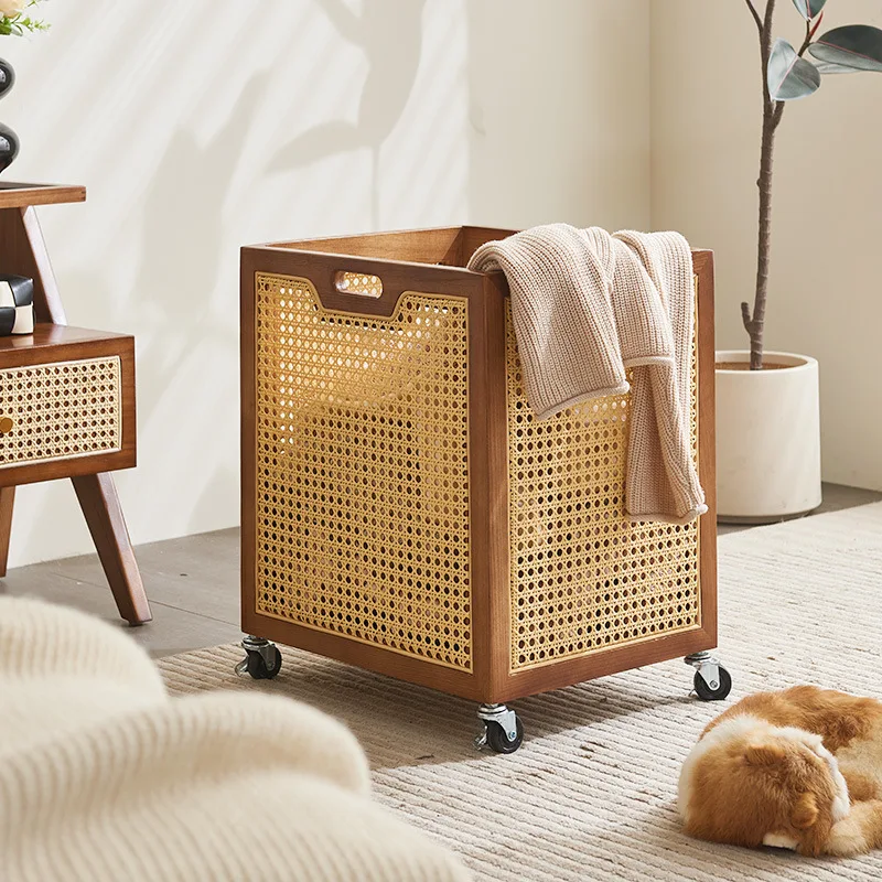 

Medieval solid wood rattan storage box badminton racket yoga mat fitness equipment storage basket movable belt wheel