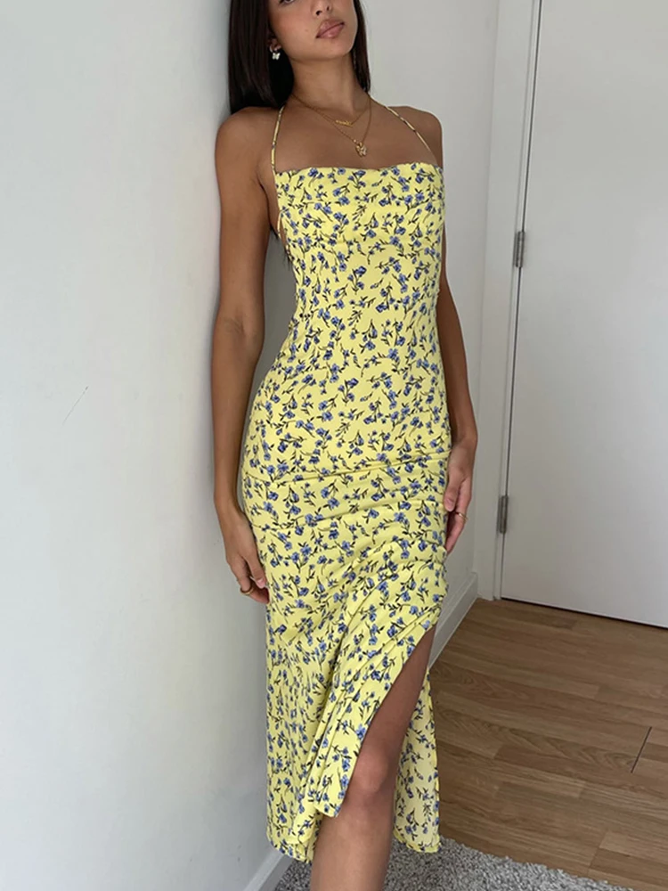 Ope Falda midi floral con abertura alta Dr Bal Street Sle Cuello cuadrado Cintura alta Verano Dr para mujeres de 8 a 24 años