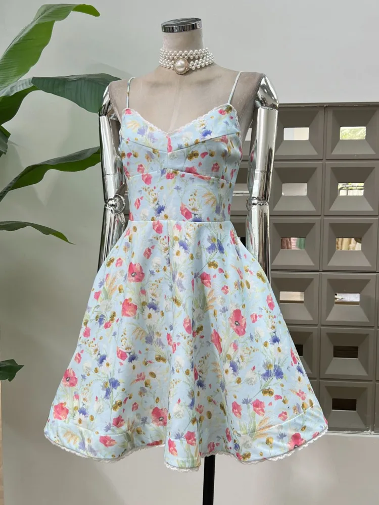 DFDG 2025 الربيع الدانتيل المشذبة Strappy الأزهار طباعة فستان قصير بوهو ملابس الشاطئ خفيفة الوزن تنفس فستان الشمس أنيق غير رسمي