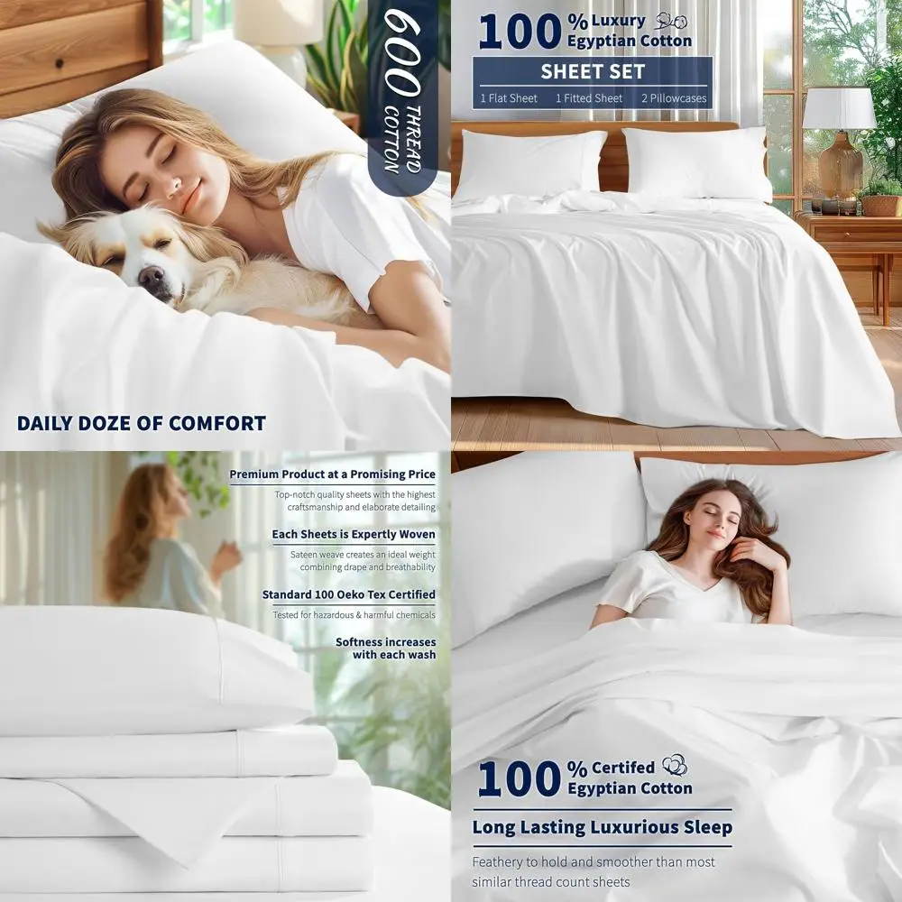 

Luxury 600TC Egyptian Cotton Queen Sheets Set - 4pc, Breathable, Cool, 16 Pocket, White