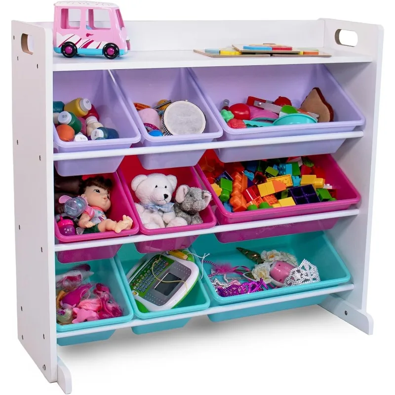 

Toy Storage Organizer with Top Shelf and 9 Removable Bins, White/Pink/Purple/Aqua – Toddler Bookshelf with Toy Organizer