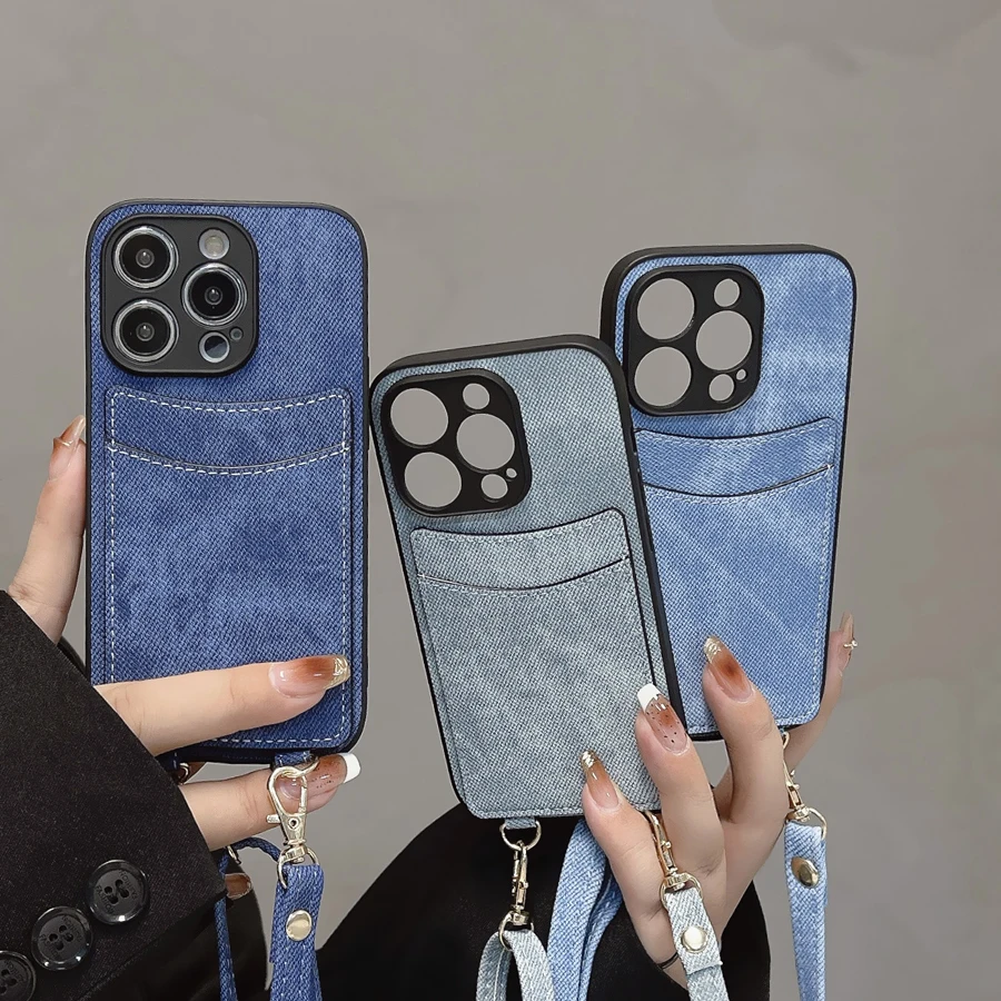 Jeans Cloth Card Pocket Phone Cases for iPhone 15 14 Plus 13 12 11 Pro Max Protection Back Shell Bumper Cover Rivet Clasp Strap