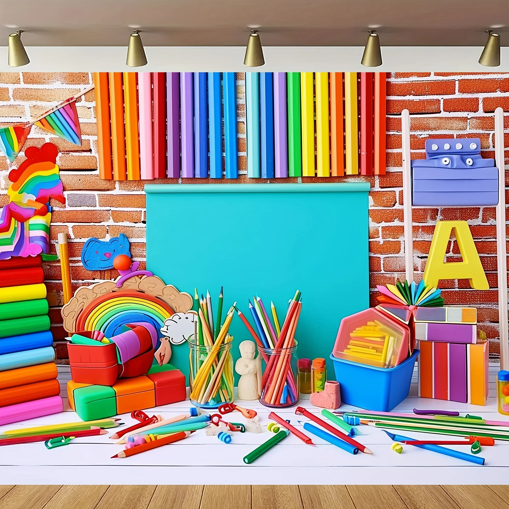 Red brick walls, colored letter classrooms, books, pencils, photo studios, background videos, party decorations