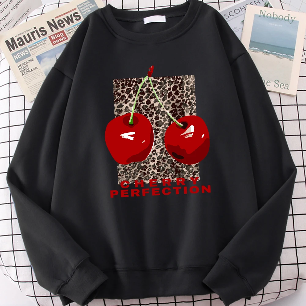 Fashion Leopard And Cherry Perfection Pattern Pullover Women Soft Hip Hop Sweatshirt Vintage Crewneck Sportswear Fleece Clothing