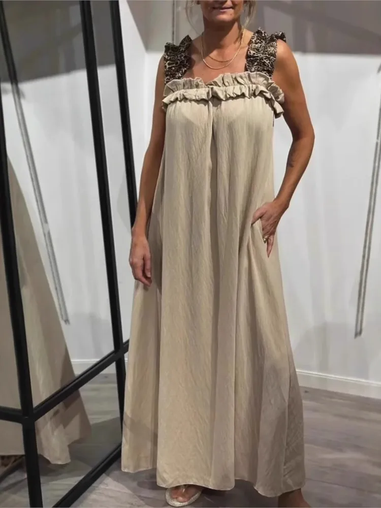 

2025 Women Fashion Leopard Print Splicing Dress Casual Pleated One Line Neck Loose A-line Large Hem Dresses Vestidos Para Mujer