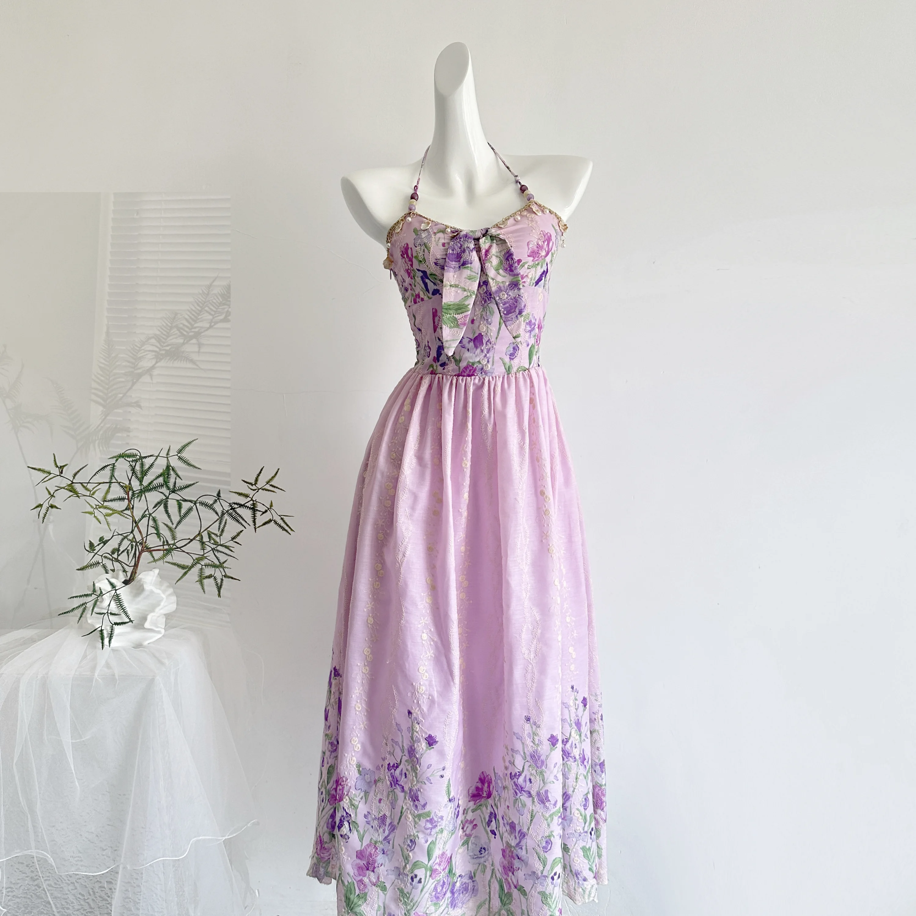 

2026 Hand Painted Floral Embroidery Halter Neck Maxi Dress Women Purple Beaded Backless Summer Vacation Long Dresses Boho