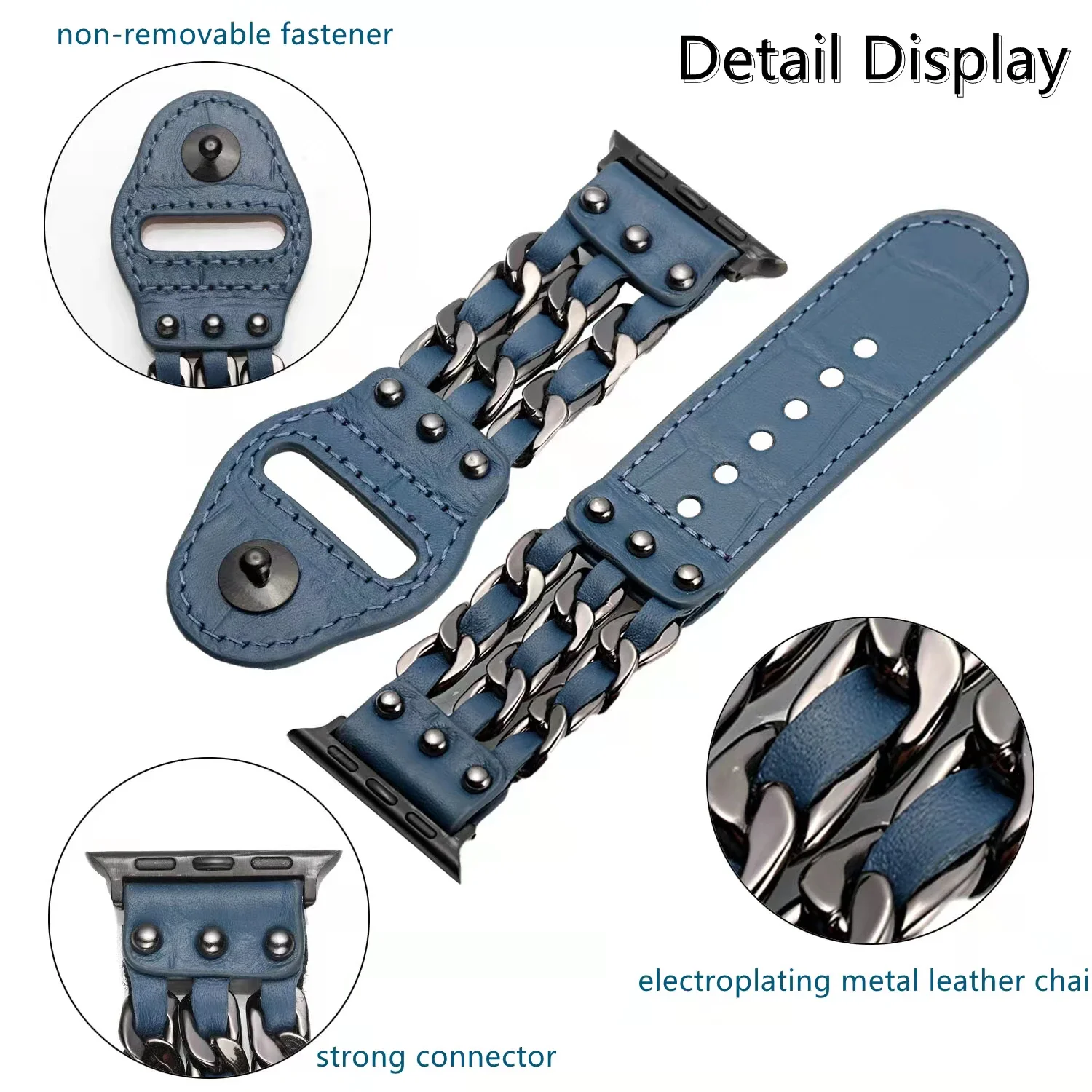 Leather Strap For Apple watch band 46mm 45mm 41mm 44mm 42mm 40mm Stainless Steel Denim Chain Belt iWatch Ultra 10 9 8 7 6 5 4 SE