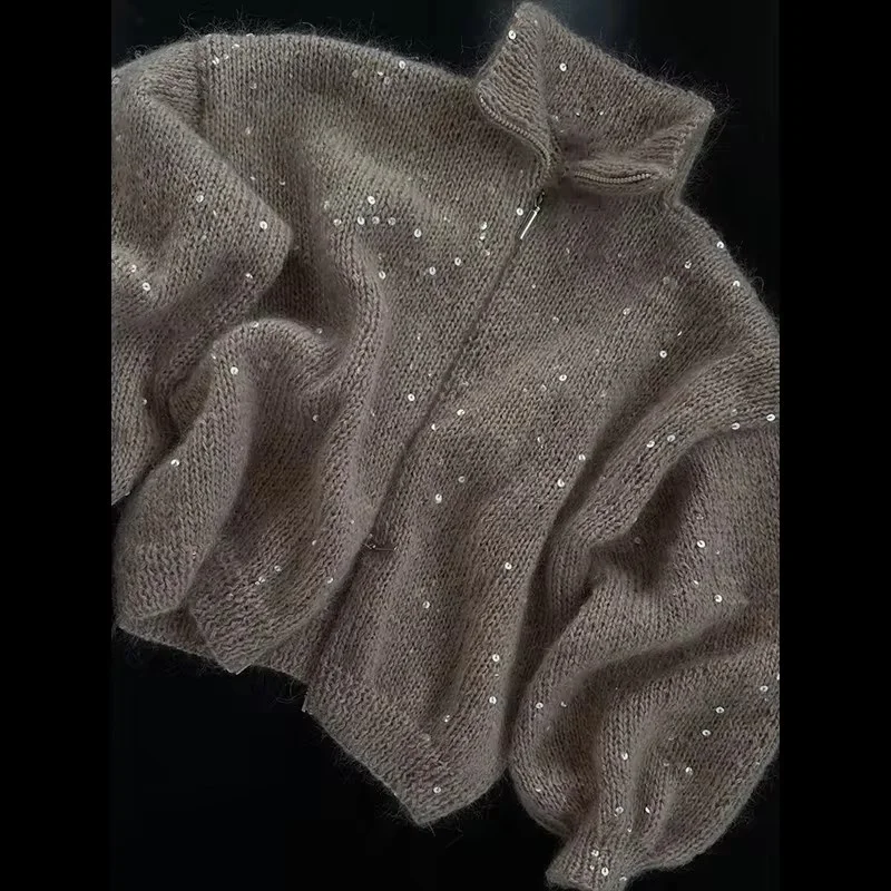 

Fashion Women's Shiny Sequin Knit Tops Loose Fluffy Glitter Lapel Zipper Cardigan Knitwear 2026 New Spring Casual Sweater
