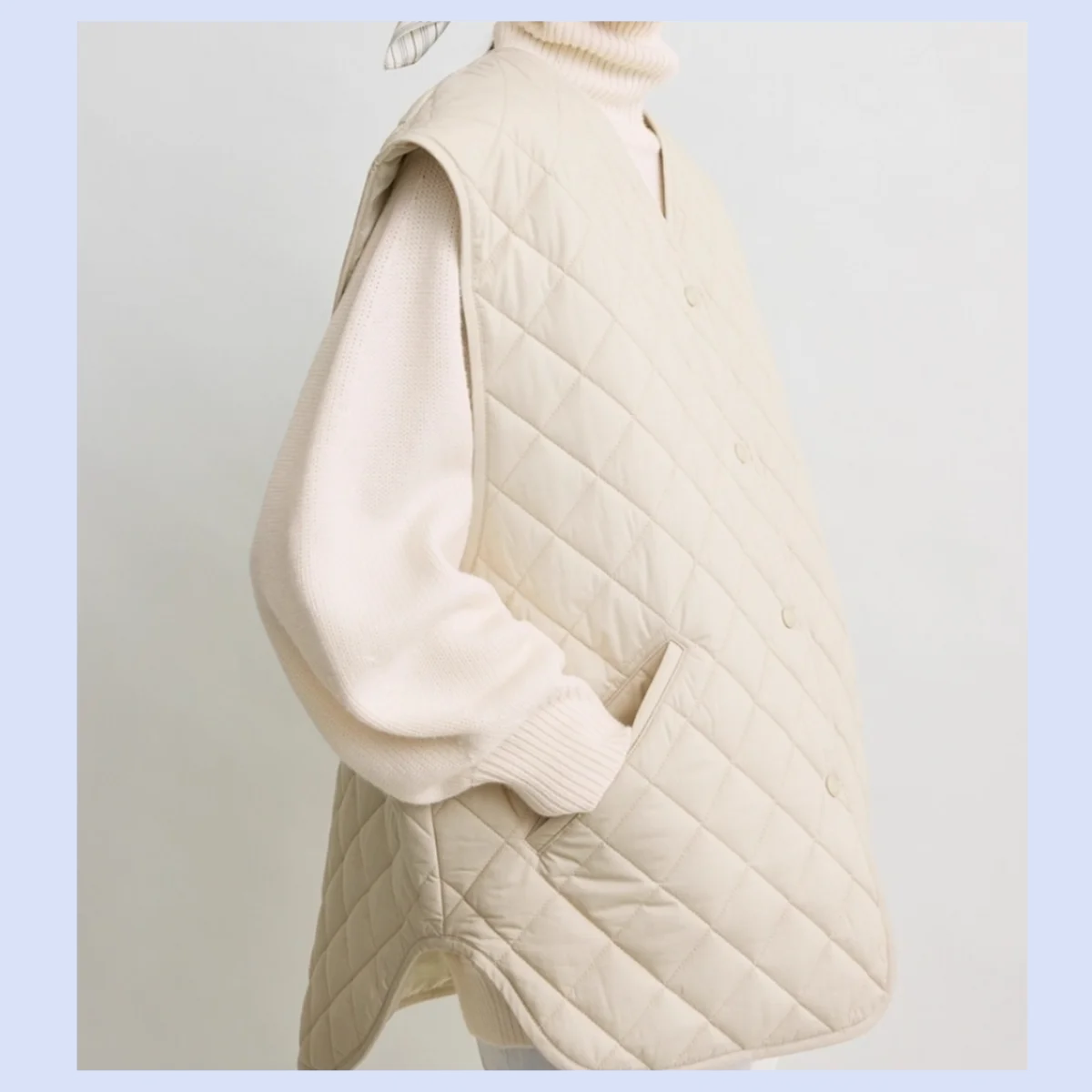 

Quilted cotton jacket with diamond pattern, double pockets, curved irregular hem, cotton vest for autumn and winter