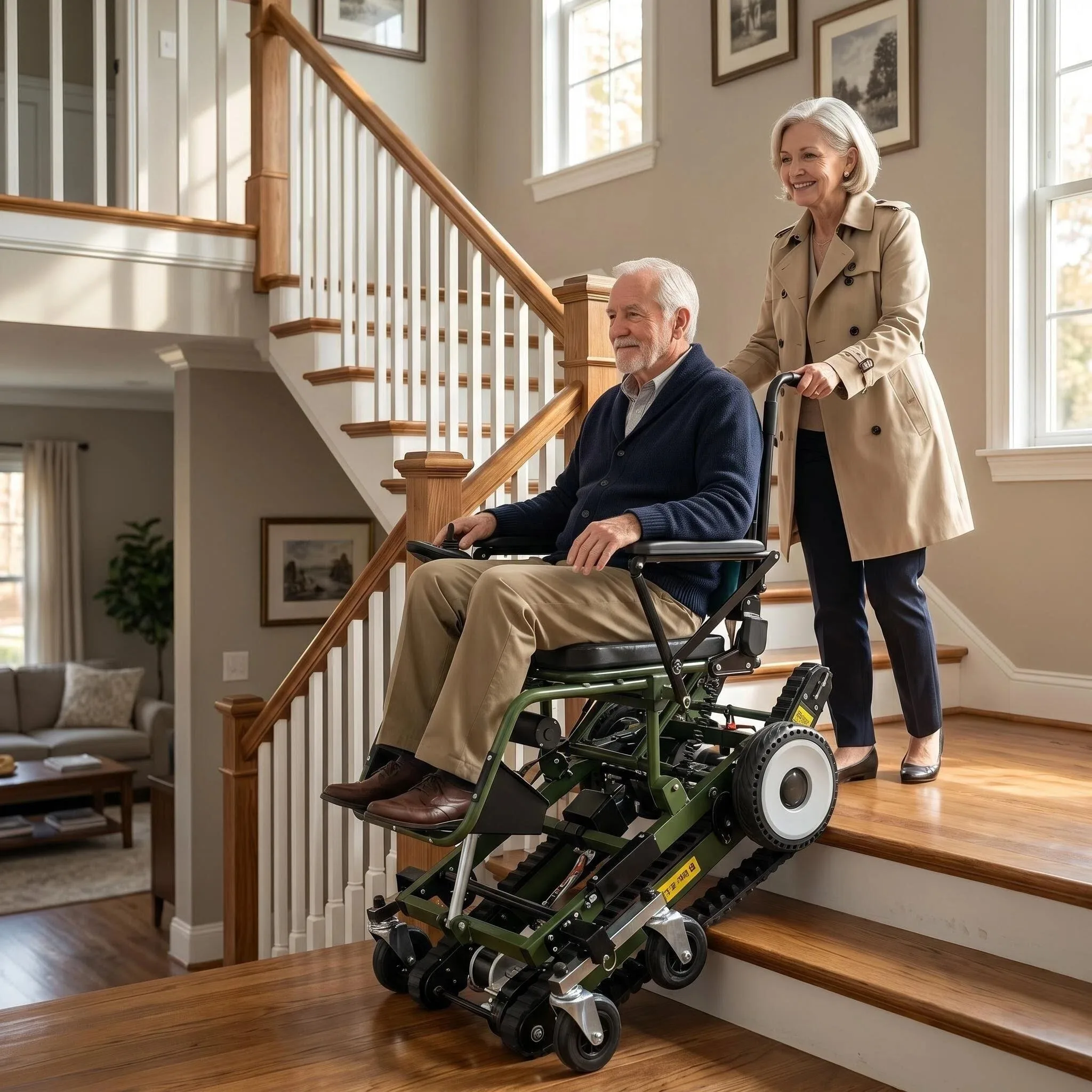 Electric stair climbing wheelchair, upright sitting design, no need to tilt the backrest, safe movement up the stairs
