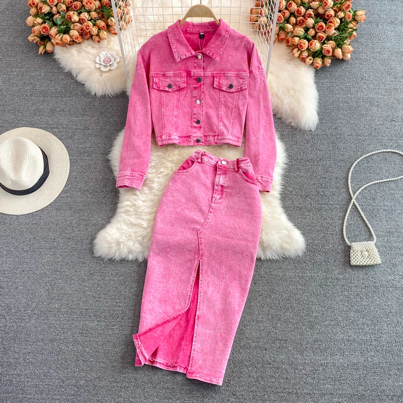 Pink  Short Denim Jacket Women's Skirt Set Mid-length High Waisted Split Slinm Package Hip Skirts 2024 Spring Autumn New