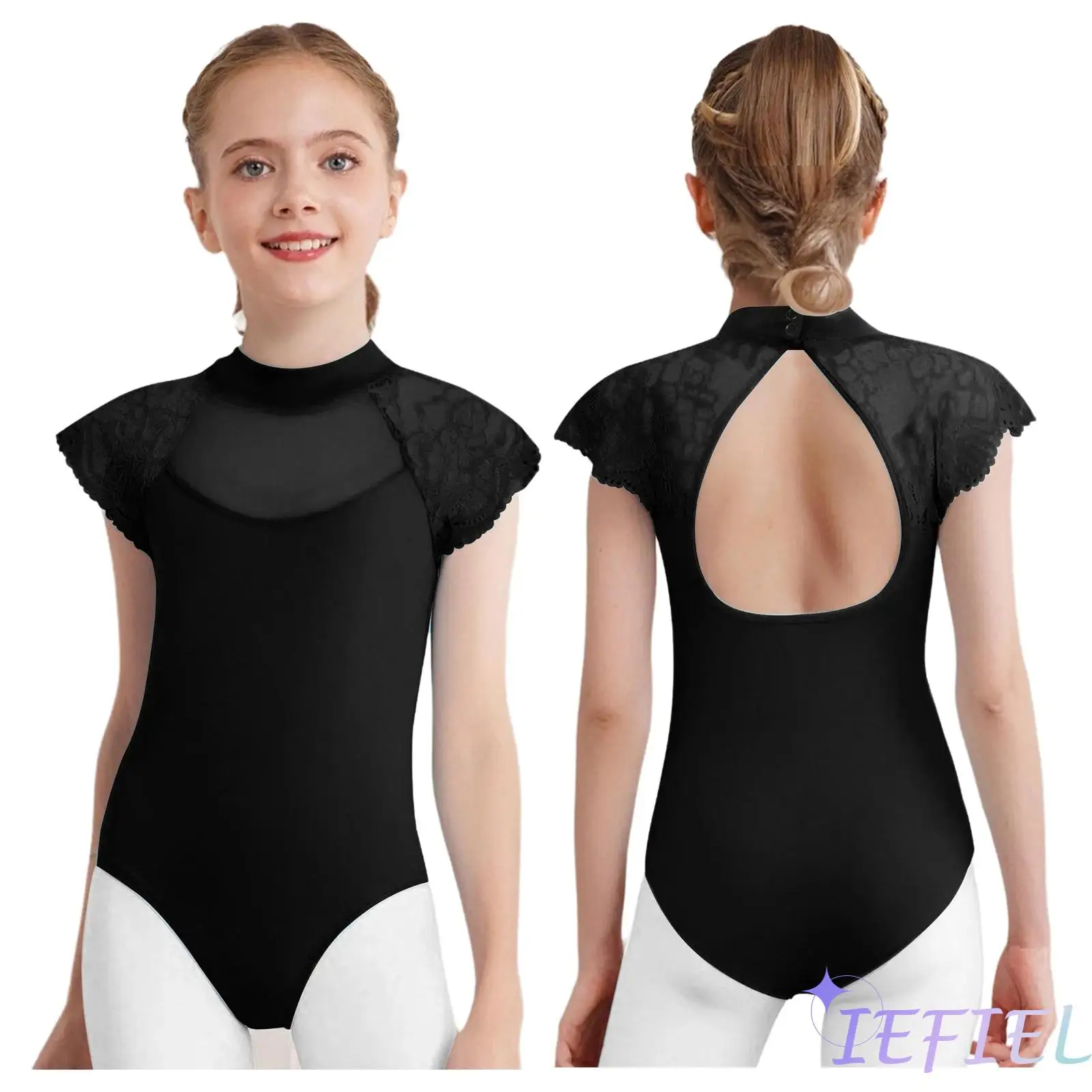 

Kids Girl Lyrical Ballet Leotard Sheer Mesh Patchwork Cutout Gymnastics Bodysuit Ballet Dancewear for Figure Skating Performance