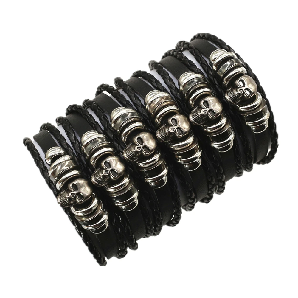 WESTBULL Wholesale 10 PCS/Lot Punk Rock Alloy Skull Charm Black Leather Bracelets Men Homme Gift Jewelry