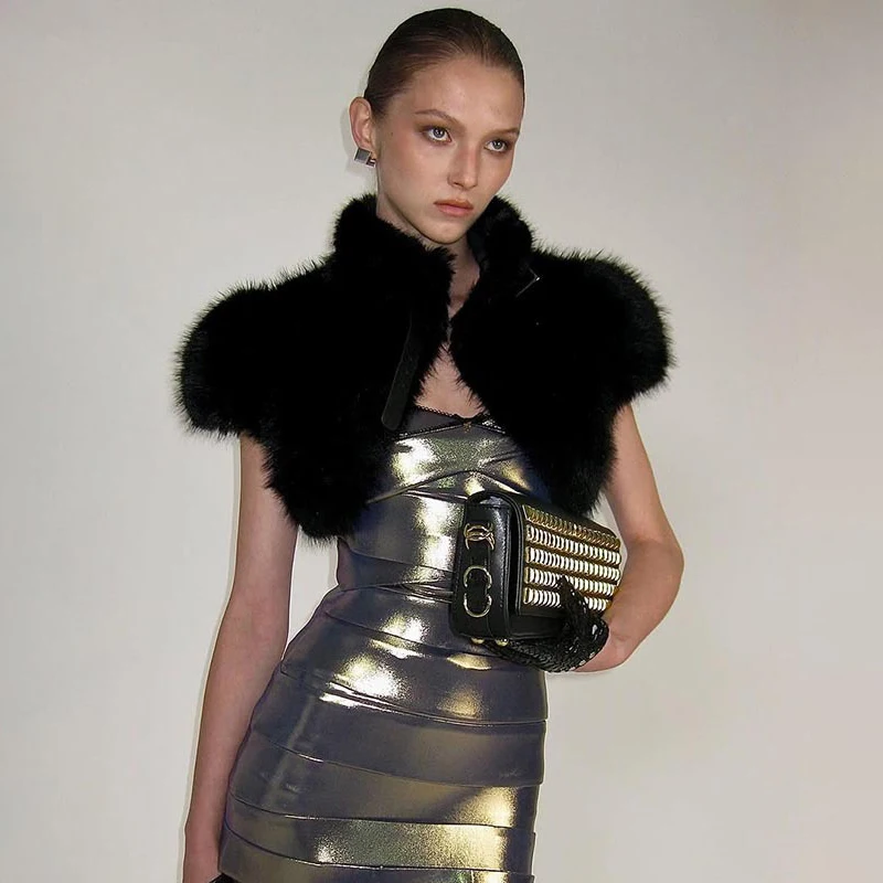 Tornova Sexy Hairy Short Lace Up Vest Coat Hot Girl Christmas Ball Solid Turtleneck Short Sleeve Exposed Navel Top Club Party