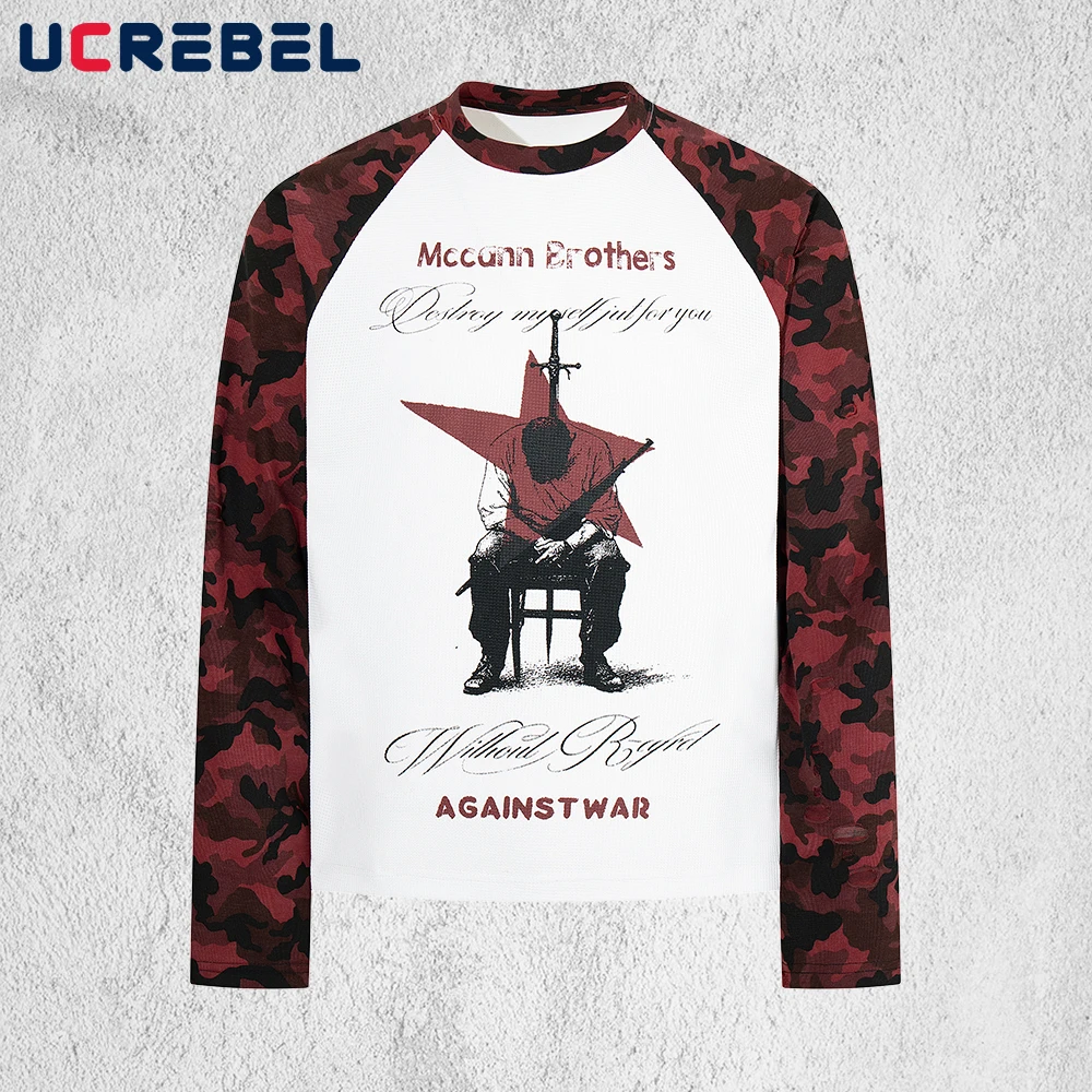 Retro Portrait Print Raglan Sleeve T-shirt Mens Autumn Camouflage Spliced Long Sleeve Loose Waffle Texture Crew Neck Tee Man