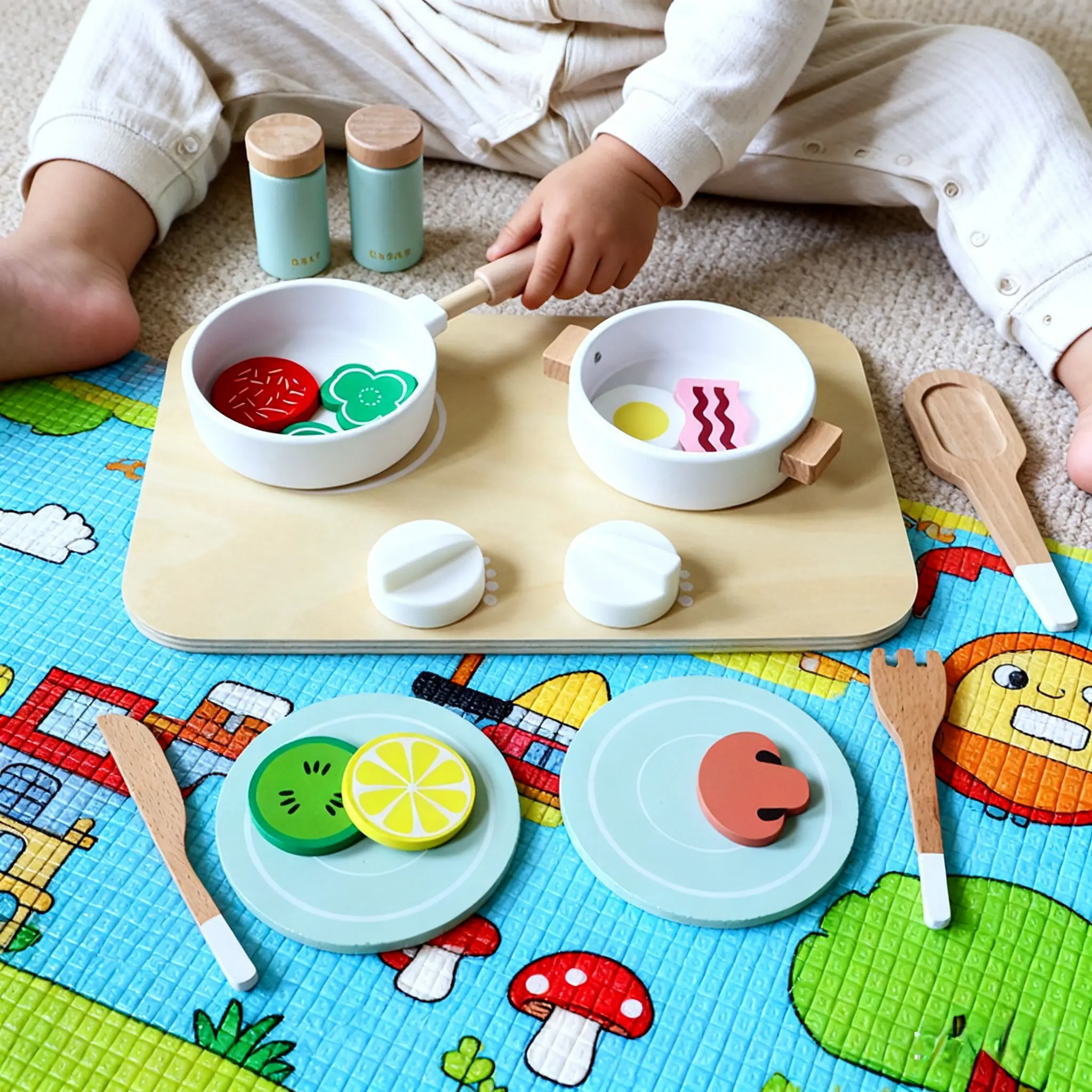 Frisse stijl houten keukenspeelgoedset: kinderen doen alsof ze kookgerei spelen, houten ambachtelijk grensoverschrijdend speelgoed