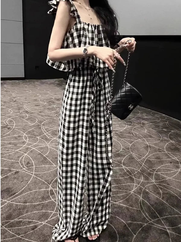 Set Jumpsuit Pelangsing Model Cross-Border dengan Celana Kaki Lebar Motif Kotak-kotak Hitam Putih untuk Wanita, Busana Musim Panas
