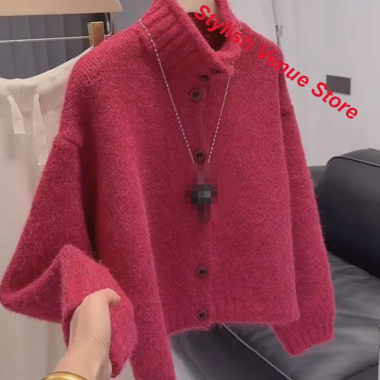 Korean lazy high-grade sweater women's autumn and winter loose thick single-breasted knit cardigan high-necked soft waxy sweater 3