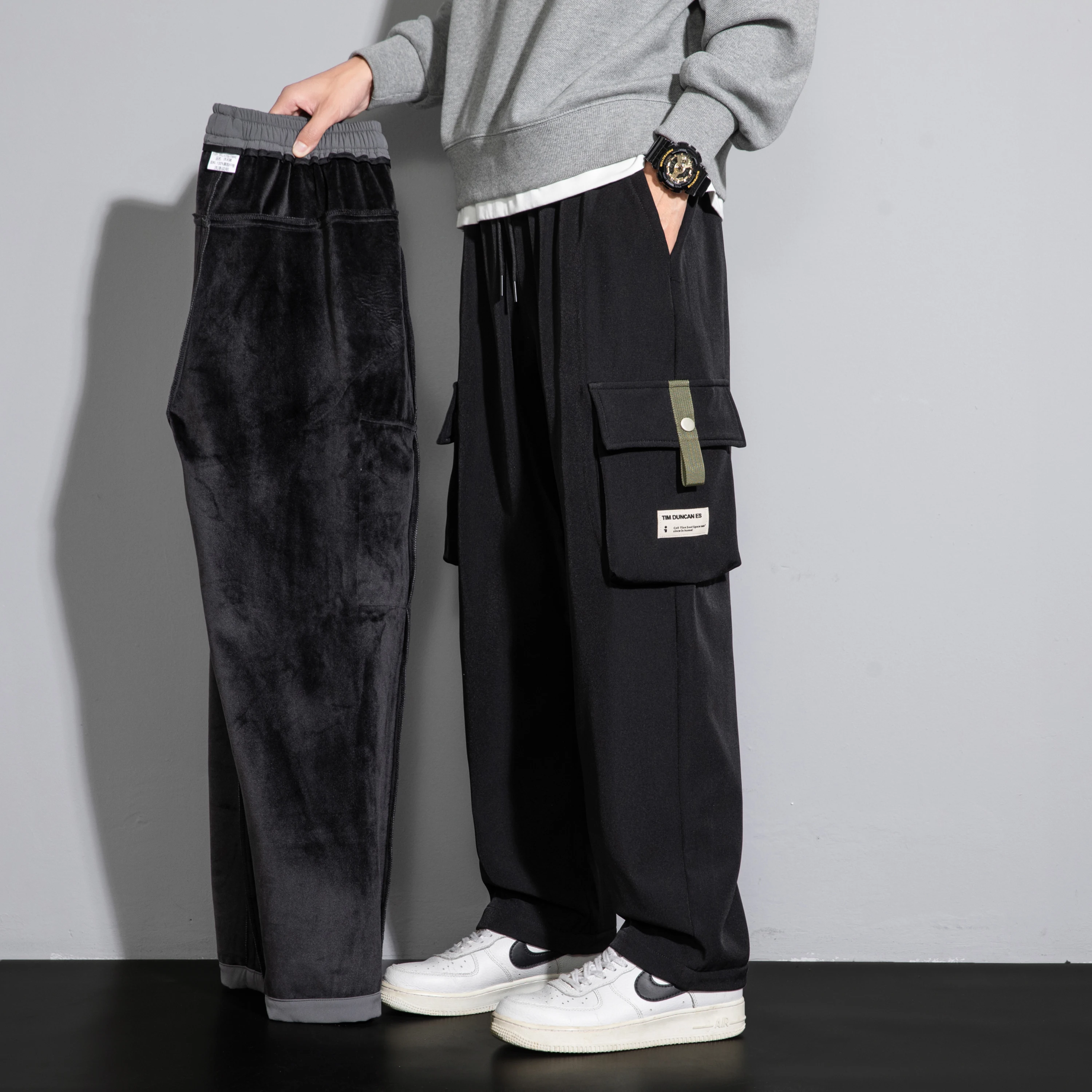 

Spring Autumn Men's Elastic High Waisted Solid Bandage Drawstring Pockets Casual Loose Wide Leg Trousers Fashion Vintage Pants