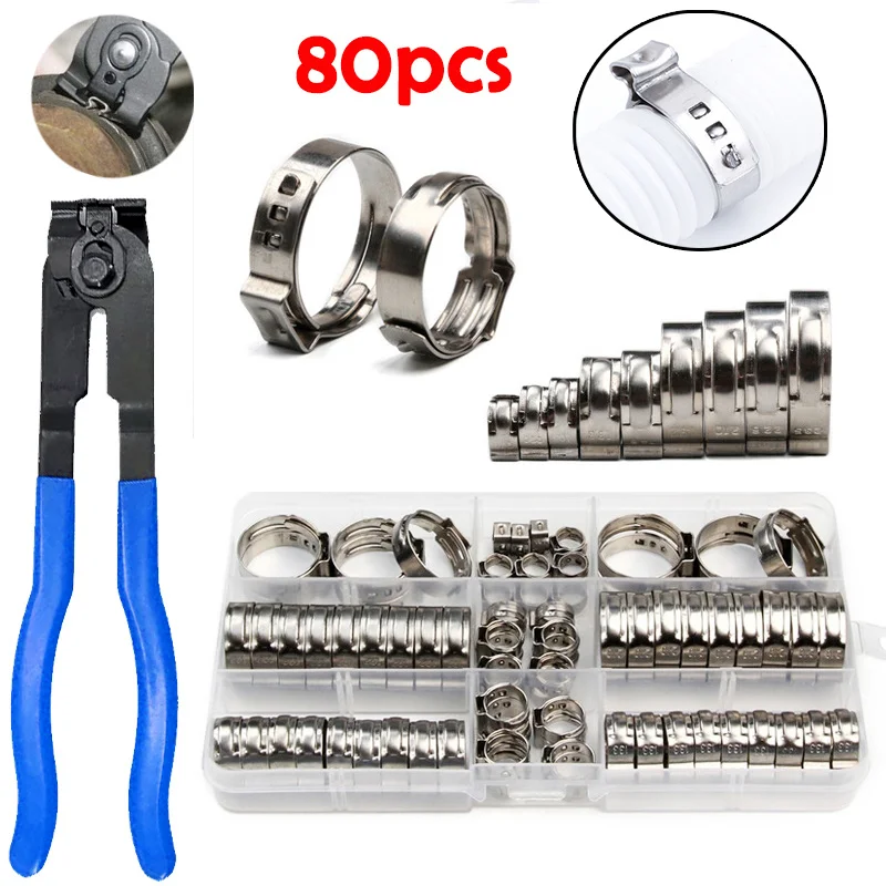 45/80pcs Single Ear Stepless Hose Clamps Pliers 304 Stainless Steel Pipe Clamps Cinch Clamp Rings Manual Pliers Box 5.8-23.5mm